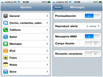 Ajustes > Mensajes 