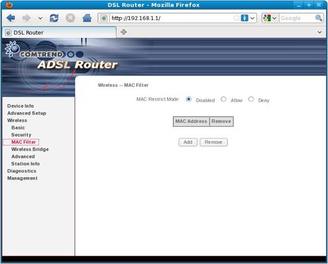 imagen de la confiuración del filtrado mac en el router