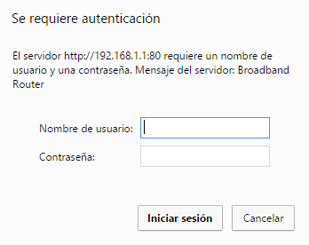 imagen de la ventana de identificación del router, con los campos usuario y contraseña